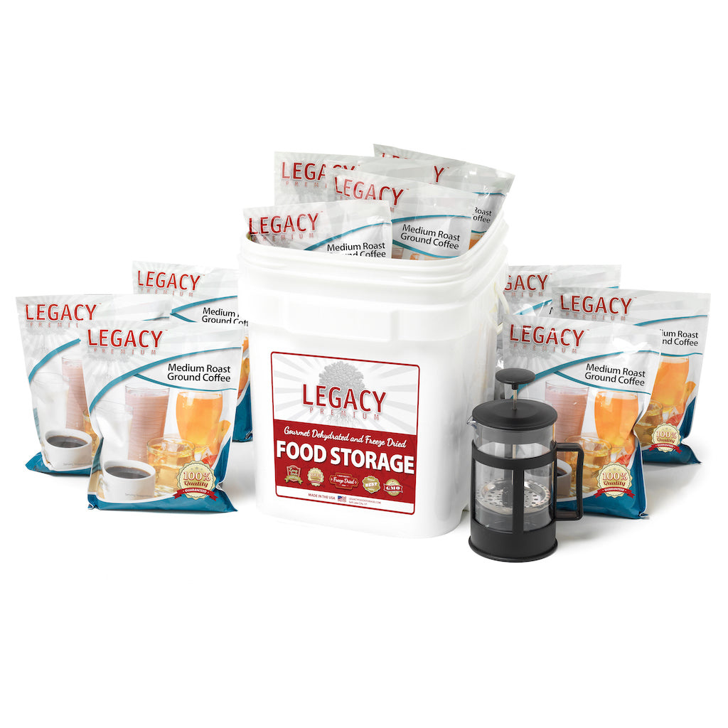 Legacy Premium Long Term Food Storage 350 Serving Coffee Bucket w/French Press